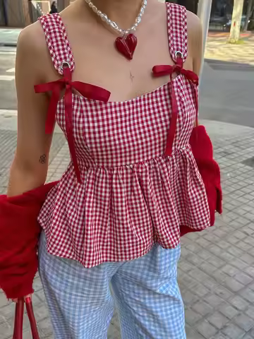 Women Plaid Tank Tops Spaghetti Strap Square Neck Peplum Cami Top Ruffle Smocked Going Out Camisole
