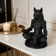 Gothic Werewolf & Cub Meditation Statue - Dark Fantasy Wolf Totem for Shelf Eerie Zen Decor & Collec