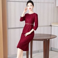 年秋季新款酒紅色修身洋氣喜婆婆媽媽裝中老年嫁女兒結婚禮服