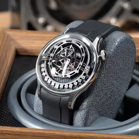 OBLVLO Original Design Mens Carbon FIbre Rotor DIal Black Rubber Mechanical Watch Blue Glow Waterpro