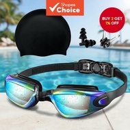 Swimming goggles and cap combo includes nose clip, earplugs, waterproof, leak-proof, anti-fog, and s
