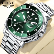 LIGE Classic Mens Watch Quartz Green Ghost Diver Series Stainless Steel Waterproof Calendar Clock Bu