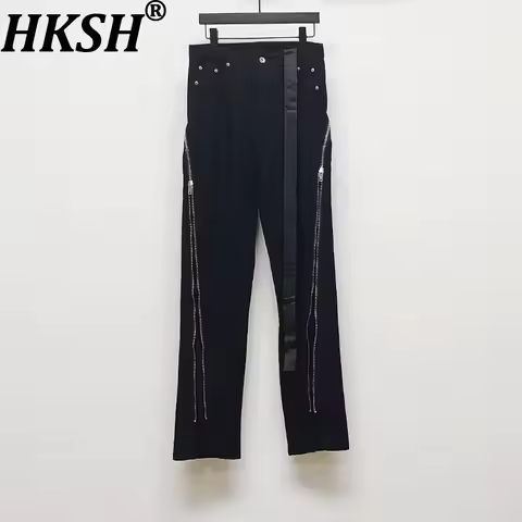 HKSH Spring Autumn Men Tide Dark Zippers Floor-Length Denim Pants Flowing Ribbons High-Street Light 
