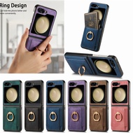 Retro Ring Holder Stand Card Holder Leather Case Samsung Galaxy Z Flip 6 Z Flip 5 Z Flip 4 Bracket C