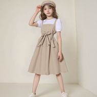 8-12Yrs Girl Dress Summer Khaki and White Short Sleeve Children Dresses Simple Fashion Teen Girl Clo