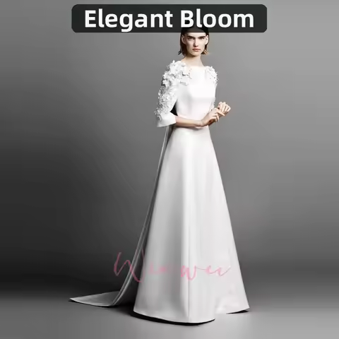Design 3/4 sleeves Bow 3D flowers Wedding Dress O-Neck A-Line Women Party Banquet with Detachable Tr