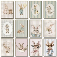 1pc Frameless Cute Rabbit Reading A Book Illustration Poster Retro Rabbit Canvas Painting Printing N
