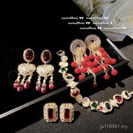 Tassel 18K Gold Earrings Antique Sense Cardisan Egg Face Red Green Gali Bracelet Garnet Red Plated L