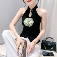 [Ready Stock] Chinese Style Embroidered Hollow Out Sleeveless Vest Top Women Sexy Summer Button Deta