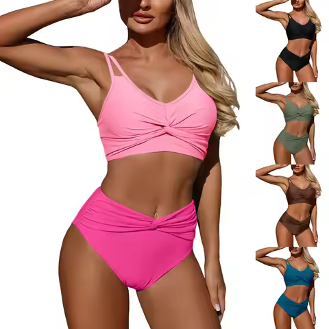 Two Piece Retro Ruched High Waist Women Swimsuits Tankini Set Sleeveless Swim Top Bra And Bikinibott