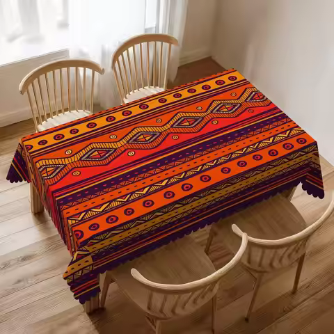 Ethnic Tablecloth Orange Abstract Tribal Borders Doodle Orange Plum Rectangle Table Cloth Rectangula
