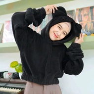 HOODIE WANITA KOREAN STYLE SHERPA HOODIE BULU KUPING BERUANG CROP