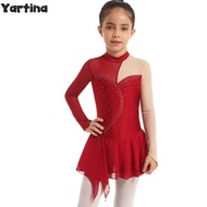 Girls Gymnastics Ballet Lyrical Dance Dress Long Sleeve Round Collar Hollow Back Rhinestone Figure I