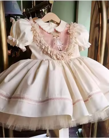 0-12Y Baby Girl Deer Embroidery Beige Vintage Princess Dress for Holiday Birthday Photography B324