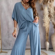 Women's Summer 2 Piece Outfits V Neck Solid Color Aesthetic Clothes Set Trendy Clothes Summer Vacati