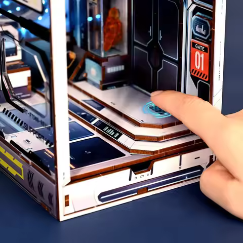 Creative DIY Wooden Book Nook Shelf Insert Miniature Kit, Sci-fi Style Alien Hub Bookshelf Home Book
