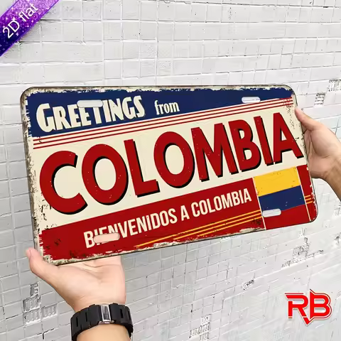 2D Flat Vintage "GREETINGS from COLOMBIA" Bienvenidos a Colombia Aluminum Tin Painting, License Plat