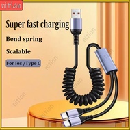 3 in 1 6A Super Fast Charging Cable Elbow Type C to Type C/IOS Spring Car Data Cable For IOS/Type C/