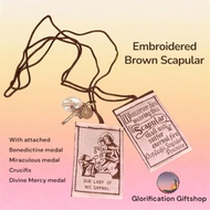 Embroidered Mt. Carmel Brown Scapular with Miraculous medal Divine Mercy Crucifix Benedictine medal