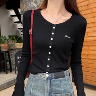 Dream Clothes👚เสื้อยืดสวยๆผู้หญิง✨เสื้อผ้า Y2K เสื้อยืดแขนยาวคอวี เสื้อทรงเข้ารูปเรียบง่าย