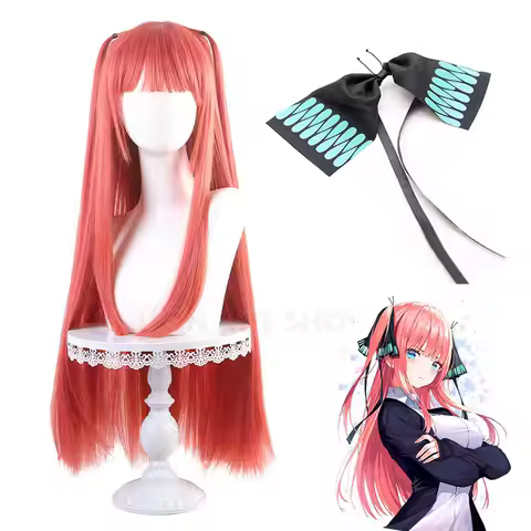 Anime Nakano Nino Cosplay Wig Long Pink Hair Bowknots Butterfly Headwear