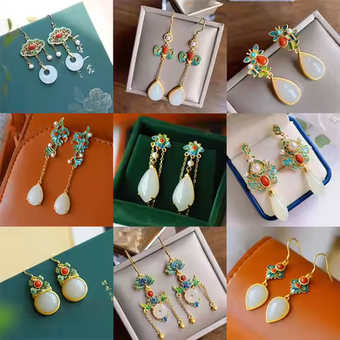 Natural Hetian jade enamel porcelain Earrings Chinese retro court style unique ancient gold charm wo