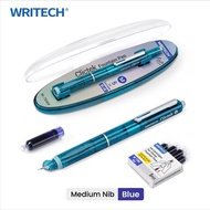 WRITECH Clictek Fountain Pen Set Retractable Style Blue Ink Medium Nib Transparent Barrel, Includes 