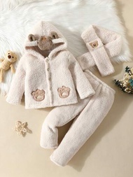 男嬰小熊刺繡3D耳朵設計連帽睡衣套裝&amp;圍巾