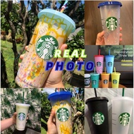 【24hours ship】Reusable Starbucks Tumbler Color changing Confetti Cold cup Rainbow straw with Lid Plastic Cup， 24 fl oz, Set of 1 or 5 ，Summer Collection  @runa FUUNYHOME