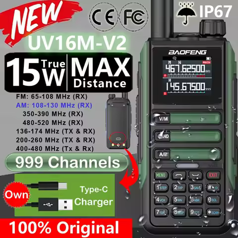 Upgrade Baofeng UV16M V2 Walkie Talkie 15W High Capacity AM FM 2-Way Radio Full Band LCD 999CH Frequ