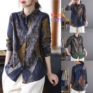 Ready StockImmediateCotton Plus Size Korean Style Loose Vintage Casual Blouse Bunga Flower Labuh Murah Muslimah Women Printed Long Sleeve Top Shirt Baju Kemeja Perempuan Women's Clothing Blause Wanita