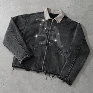 Men's Fashionable Distressed Denim Jacket With Rhinestone Letter Print, Casual Streetwear For Daily,