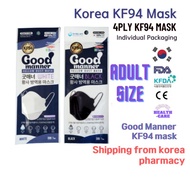 Good Manner KF94 Korea mask 50pcs adults size black white made in korea 4 layer KFDA FDA CE all approved individual packaging