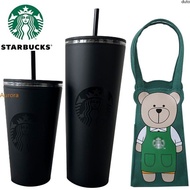 【In delivery】 New✨ Starbucks Tumbler Double Layer Matte Black Coffee Cup Frosted Straw Cup 24oz/16oz