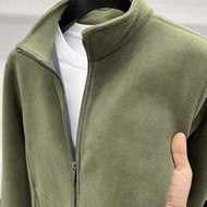 秋冬季奧粒絨外套男立領拉鍊開衫男裝加厚衛衣保暖搖粒絨純色夾克-綠色 M