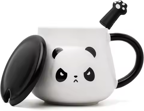 Funny Panda Mug,Panda Coffe Mugs with Lid & Spoon,Cute Panda Ceramic Coffee Mug,Kawaii Panda Cup Gif