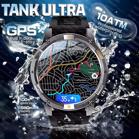 New Outdoor Men TANK Ultra 10ATM Waterproof Swim Smart Watch Military GPS 580mAh Battery Bluetooth C