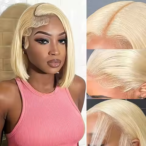 613 Blonde Color Bob Wig Straight Human Hair Pre Plucked 13x4 Blonde Transparent Lace Wig 613 Pre Wi