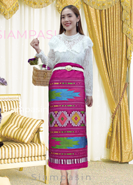 PTT ผ้าไหมกาฬสินธิ์ุ ลายน้ำไหล ผ้าถุงอัดกาว ผ้าฝ้ายแกมไหม ใส่ได้เอว 24-40 นิ้ว ผ้าทอทั้งผืน ผ้าฝ้ายก