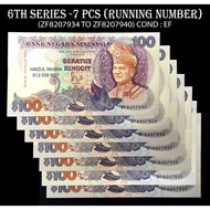 DUIT LAMA MALAYSIA/MALAYSIA OLD BANKNOTES - RM100 SIRI 6 (7 PCS RUNNING NUMBER)