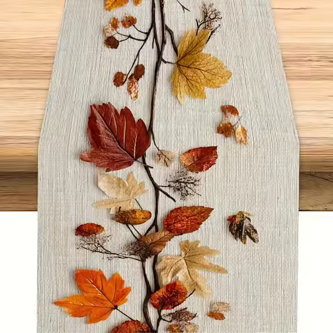 1 Autumn Fallen Leaf Themed Table Runner, Natural Dried Leaves and Vine Collage Design, Suitable for