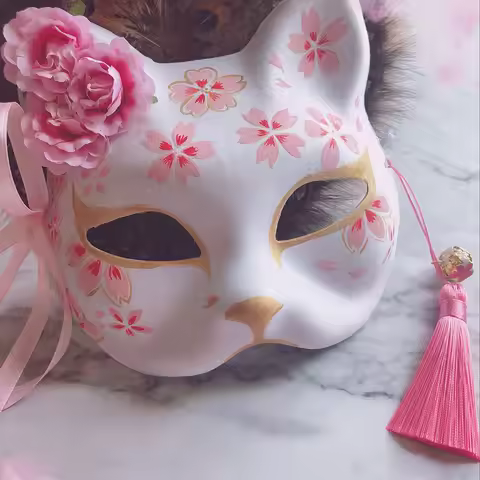 Pink Cherry Blossoms Japanese Fox Mask New Paper Pulp Hand-painted Anime Fox Half Face Mask Hallowee