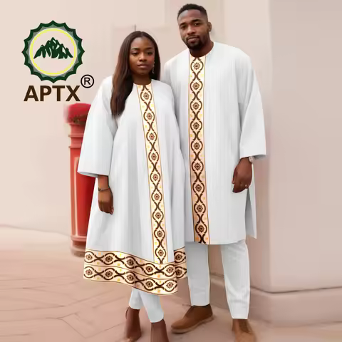 African Party Dress for Couple Abaya Shirt Pants 2 Pieces for Women Matching Men's Clothing Outfits 