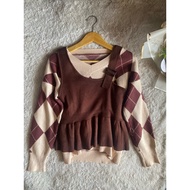 Argyle Vest Brown Ketupat Knit Oneset Sweater Top