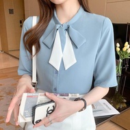 Shirt Womens short-sleeved westernized Korean color contrast ribbon bow top new summer shirt
