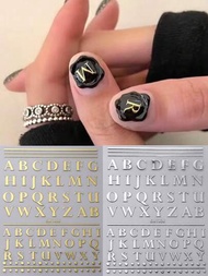 金屬字母指甲貼紙4入組,鏡面金銀大寫英文字母符號3d全息修甲滑塊diy指甲藝術裝飾