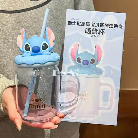 480Ml Lilo & Stitch Glass Mug Cartoon Stitch Large Capacity Straw Cup Kawaii Couple Water Cup Home B