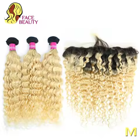 Face Beauty 1B 613 Blonde Ombre Frontal Closure with Bundles Remy 3/4 Peruvian Human Hair Curly Bund