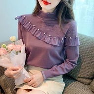 Baru separuh Turtleneck dikait kemeja t wanita lengan panjang manik Ruffle atas