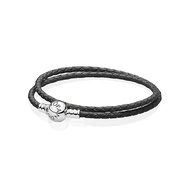 Pandora สร้อยข้อมือหนังถักสองวงกลมสีดำของขวัญที่เรียบง่ายและหลากหลาย